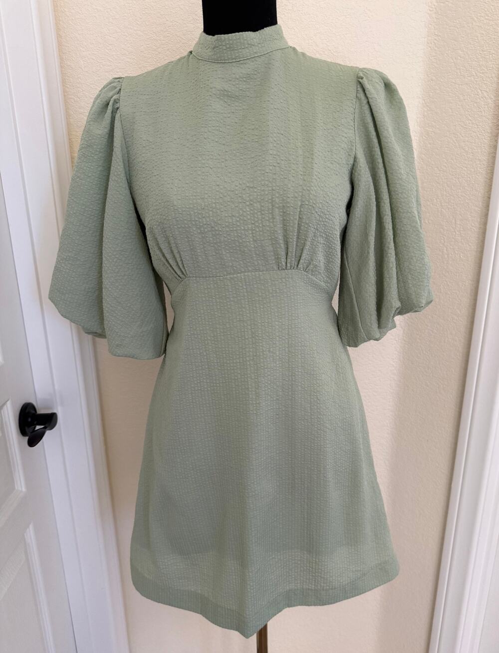 MINKPINK Shyla Textured Puff Sleeve Mini Dress Pistachio Green S
